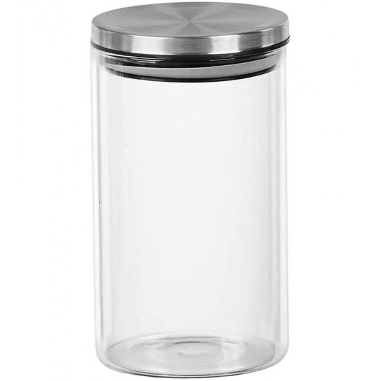 Porta Mantimentos 1 Litro 17,5cm Altura 10cm Diâmetro Vidro Borossilicato Tampa Em Metal